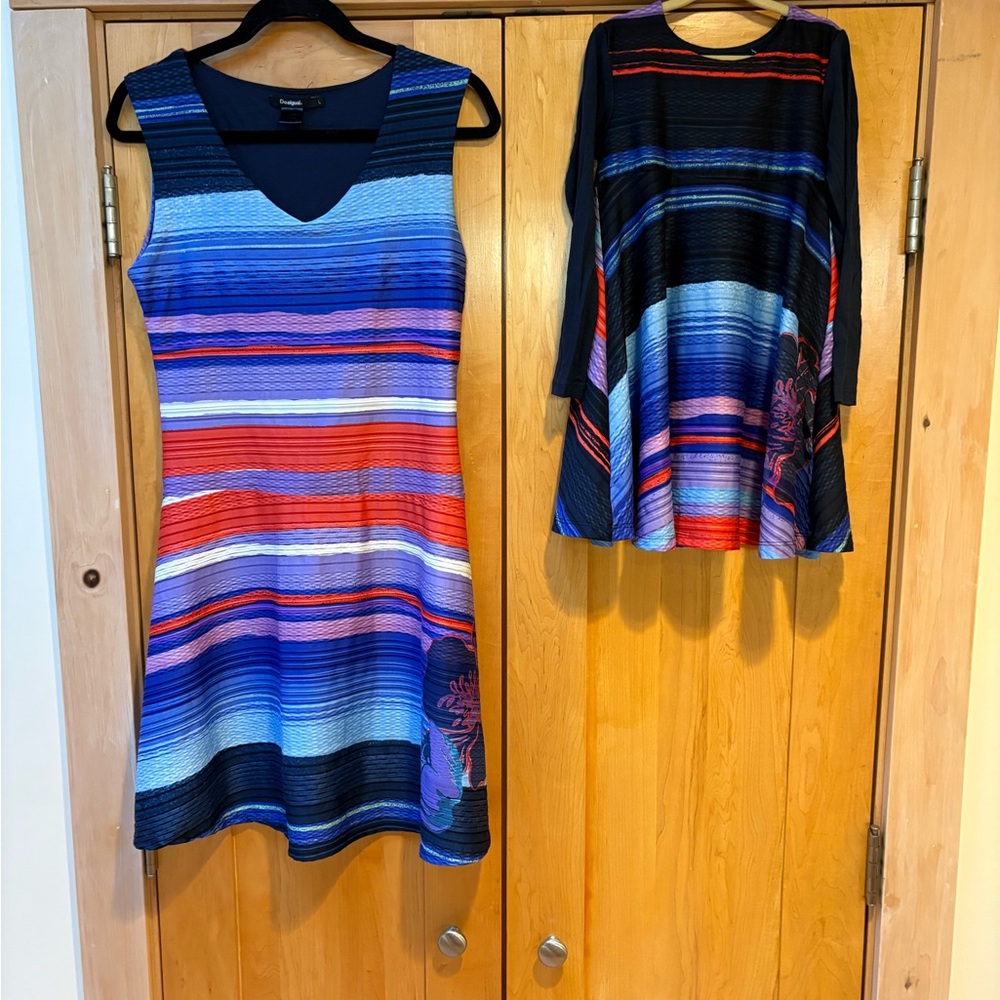 Mom & Me Desigual  Multicolor Striped V-Neck Dress and mini long sleeve girls